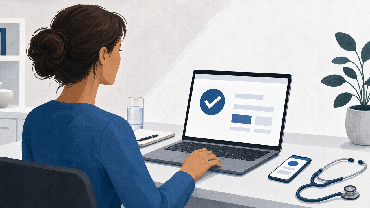Illustratie van iemand die op een laptop een zorgverlener in het BIG-register controleert.
